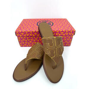 New Tory Burch Royal Tan Leather Jamie Logo Thong Sandal in Marigold Womens Sz 8